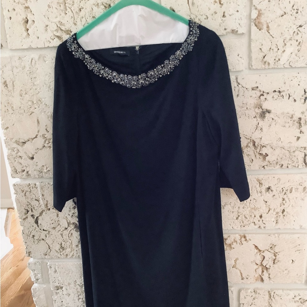 LAFAYETTE 148 NEW YORK BLACK WOOL CREPE JEWELED NECKLINE A-LINE DRESS SZ 16